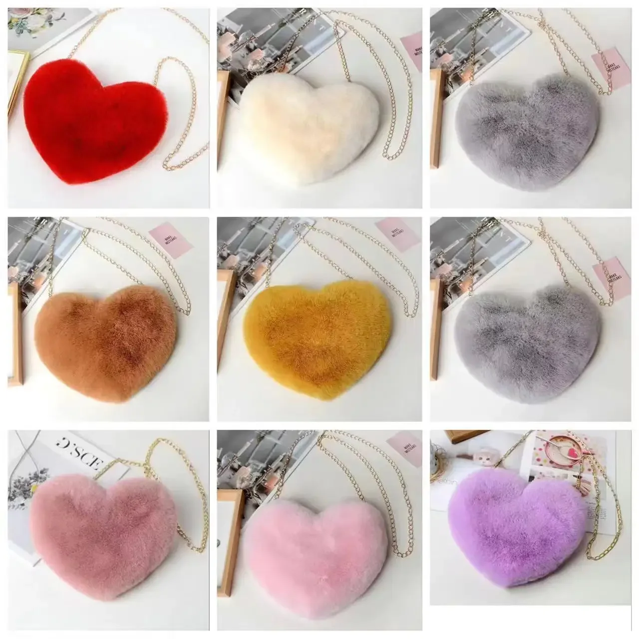 Fashion Women's Heart Shaped Handbags Cute Kawaii Faux Fur Crossbody Bags Wallet Purse Plush Chain Shoulder Bag Lady Handbag