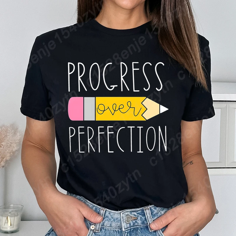 Teacher T-shirts for Women, Teach Teaching Tshirt, Progress Over Perfection Teacher Tees Top, Casual Short Sleeve Women T-shirt