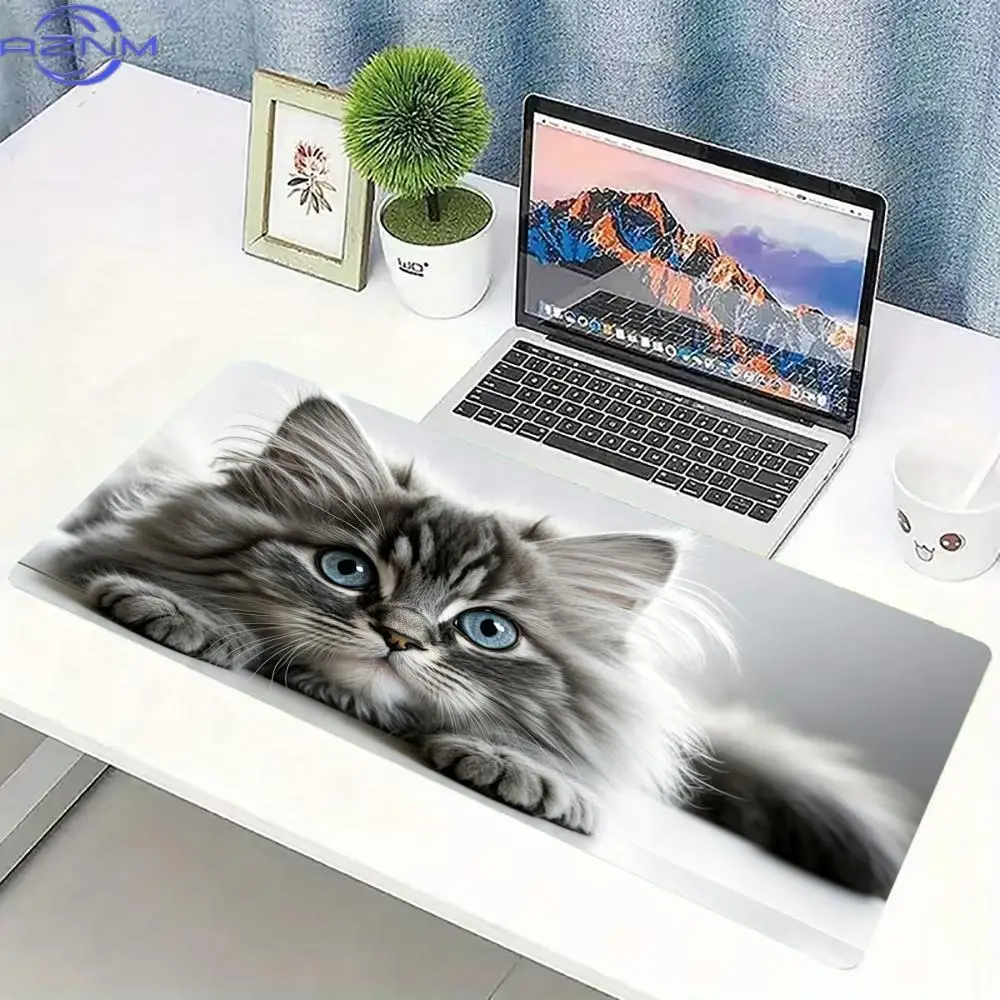 Fluffy Cat Extended Gaming Mouse Pad Non Slip Rubber Keyboard Mat Stitched Edge for E-Sports Gamers Office Daily Use