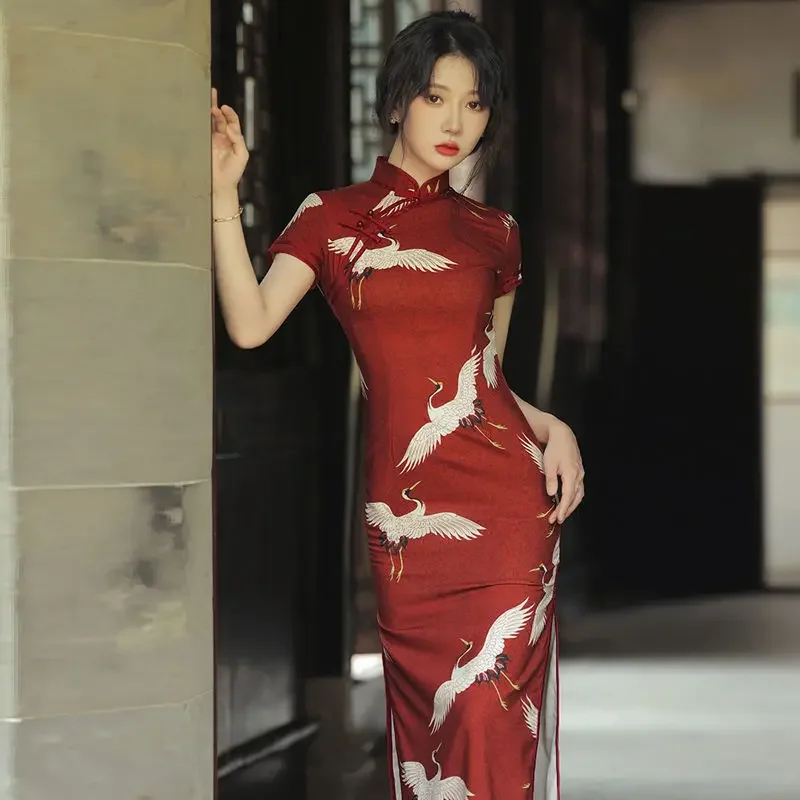 

Красный Cheongsam 2021, новое женское летнее молодежное повседневное улучшенное элегантное длинное платье в китайском стиле в стиле ретро