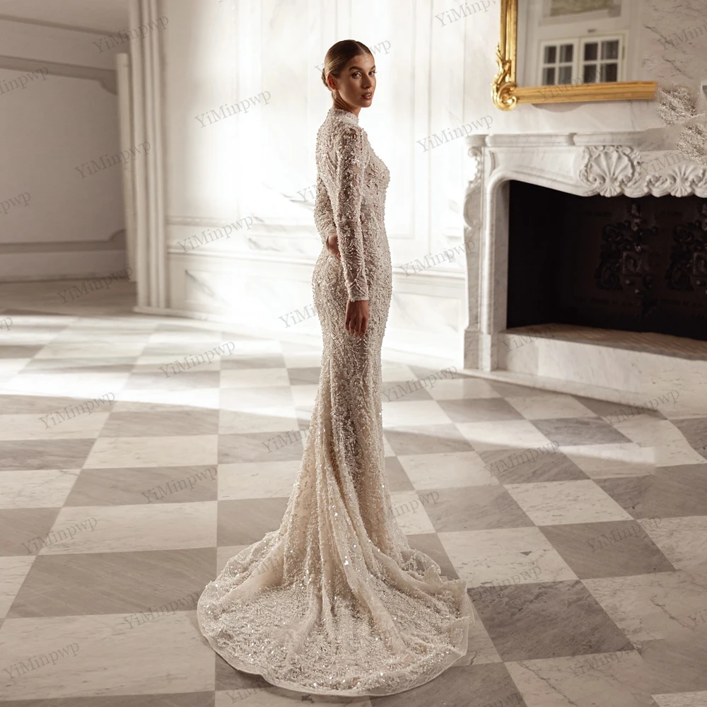 Pailletten-Meerjungfrau-Spitze-Hochzeitskleider, luxuriös, 2025, volle Ärmel, Stehkragen, Reißverschluss hinten, Vestido de Novia Para Boda, individuell gestaltet