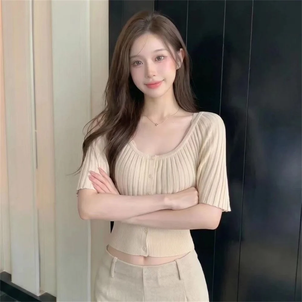 Korean Fashion Women's Short Sleeve Button Front Knit Cardigan V-neck Cropped Sweater Blouse Top Oversized Sweater