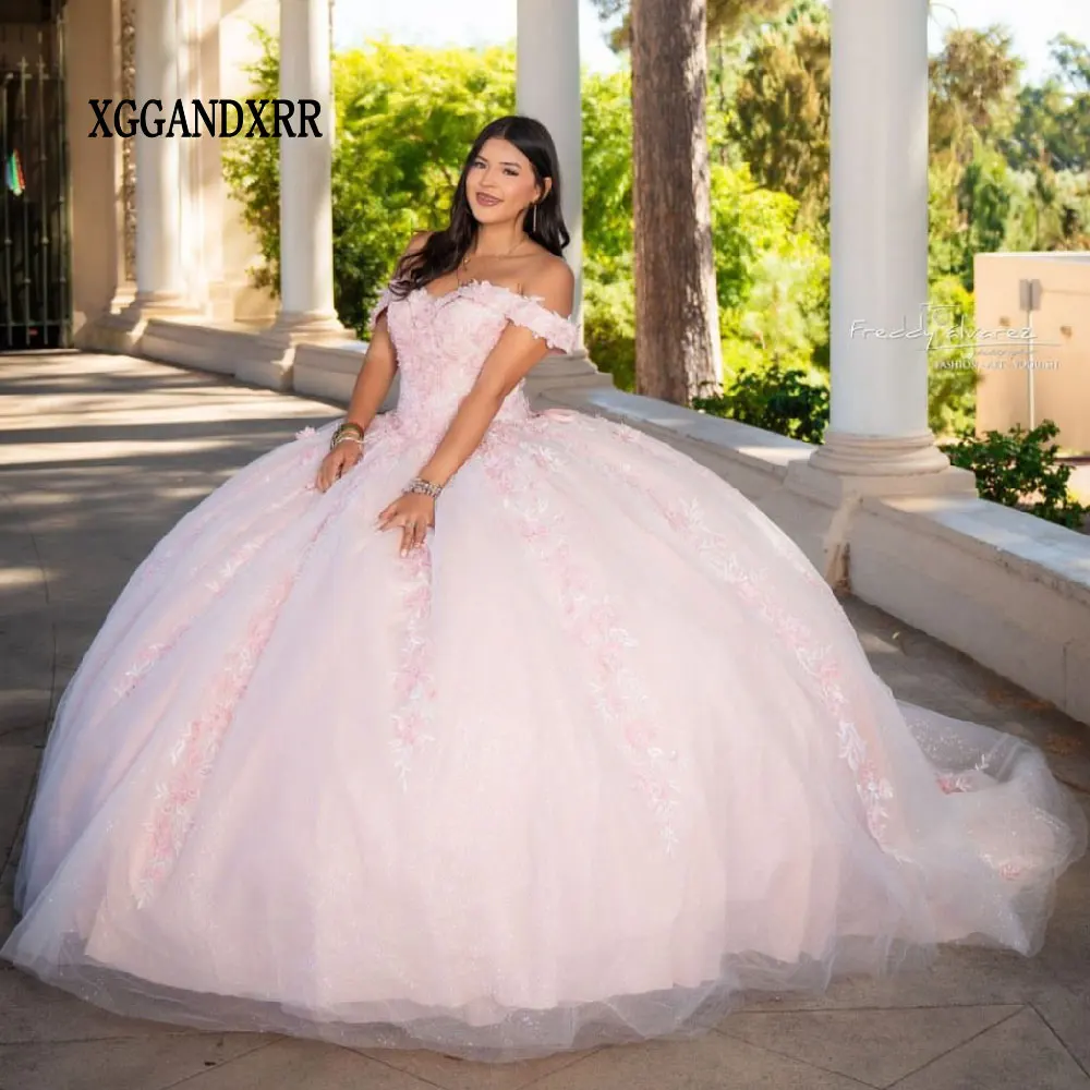 

Элегантное розовое бальное платье Quinceanera 2024 3D цветочное бисерое милое Тюлевое платье принцессы Vestido De XV годы женское платье на выход