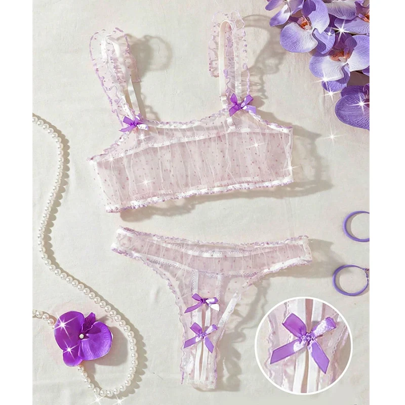 สาวหวานชุดชั้นในชุด Polka Dot ชุดชั้นในเซ็กซี่ที่สวยงาม Ruffle ตาข่ายชุดชั้นในดูผ่านชุดชั้นในเร้าอารมณ์โรแมนติก Bow Bra ชุด