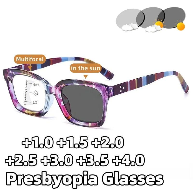 Multifokale photochrome Lesebrille mit gestreiftem Rahmen, hochauflösende Anti-Blaulicht-Presbyopie-Brille +1,0 bis +4,0
