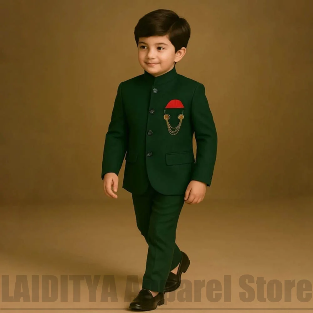 Fashion Boys Stand Collar Suit 2 Piece Single Breasted Kids Wedding Formal Blazer Pants Outfit Birthday Party Daily Casual Wear