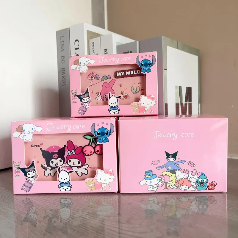 Hot Sanrios Hellokitty Leather Jewelry Box Kuromi My Melody Cinnamoroll Anime Home Desktop Storage Box Cute Jewel Case Girl Gift