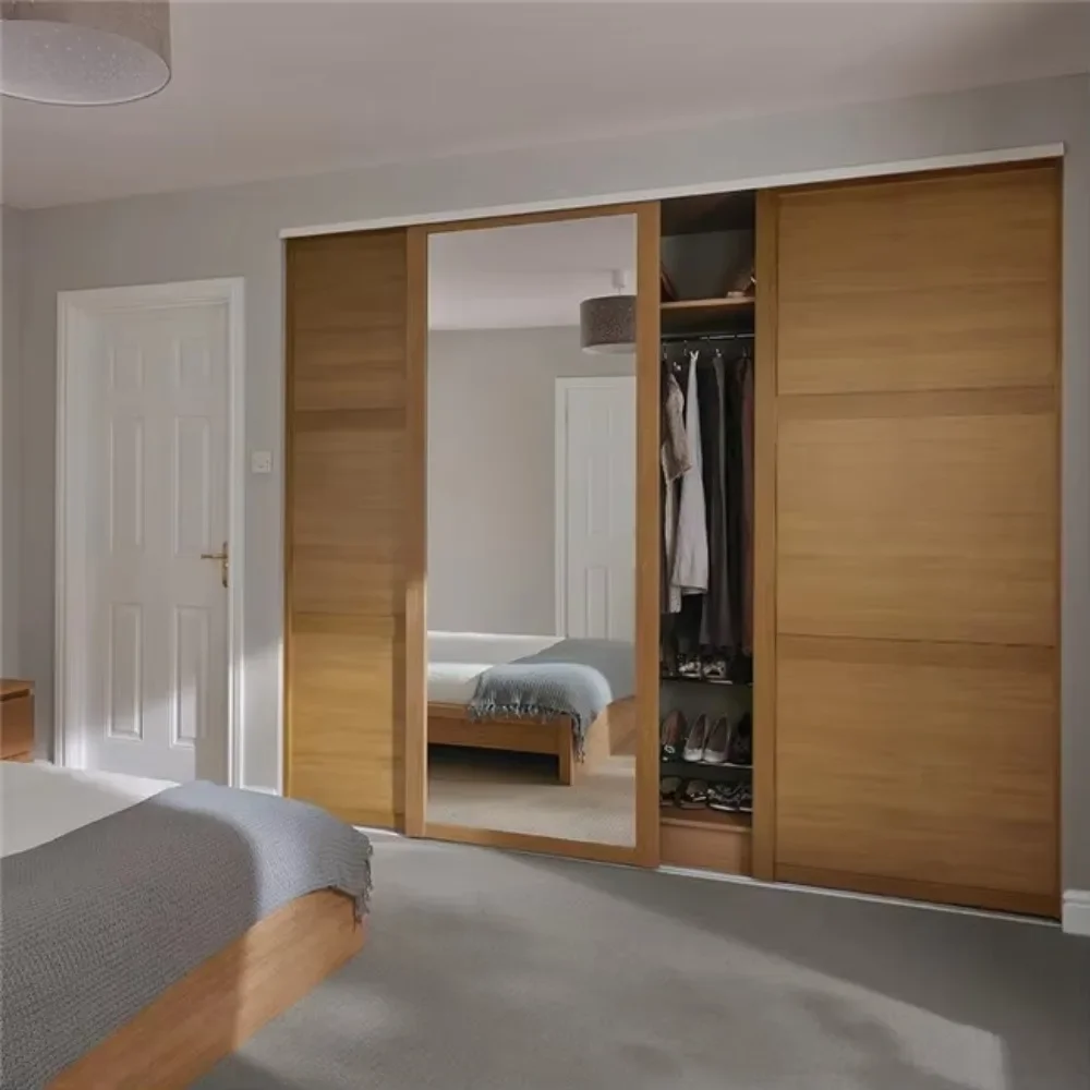 # L-Shaped Timber Look Wardrobe with Corner Design for Small Bedrooms and Modern Living Spaces
