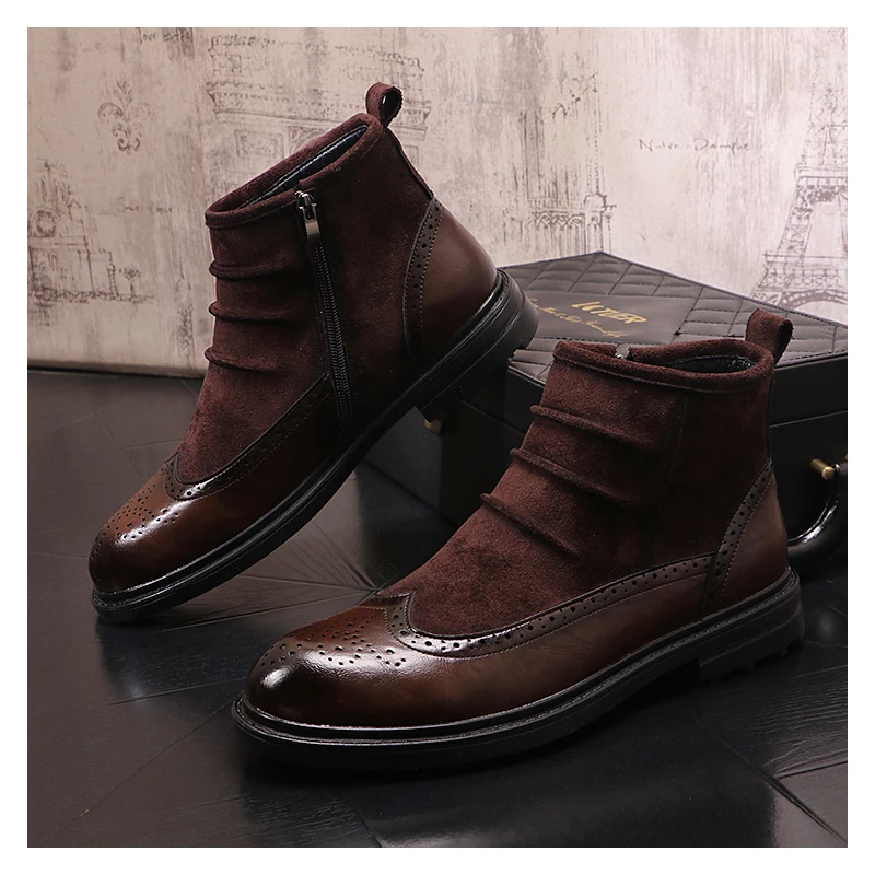 British style men casual chelsea boots carved brogue shoes cowboy ankle boot black brown original leather short botas masculinas