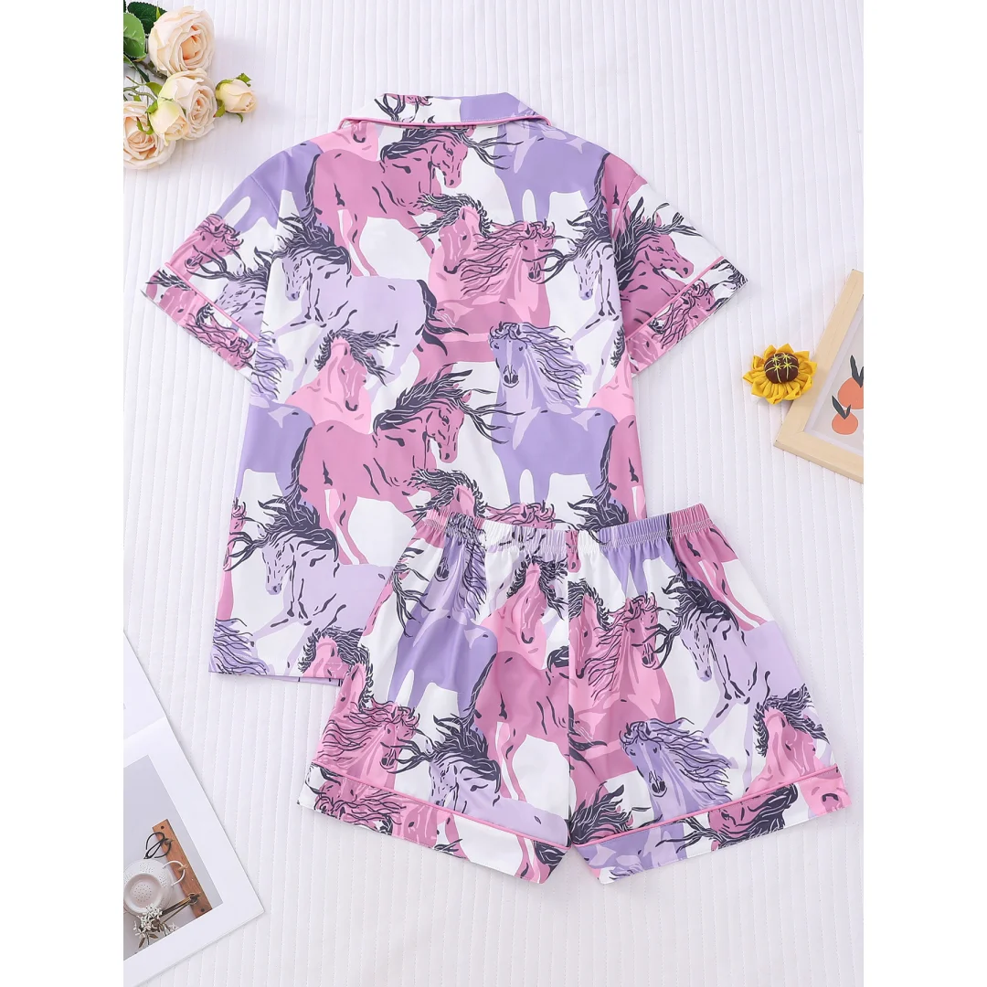 Horse Animals Print Pajamas Lapel Short Sleeve Shorts Pants Loungewear Home Wear Set Clothes Women Chinese Luner New Year Gifts