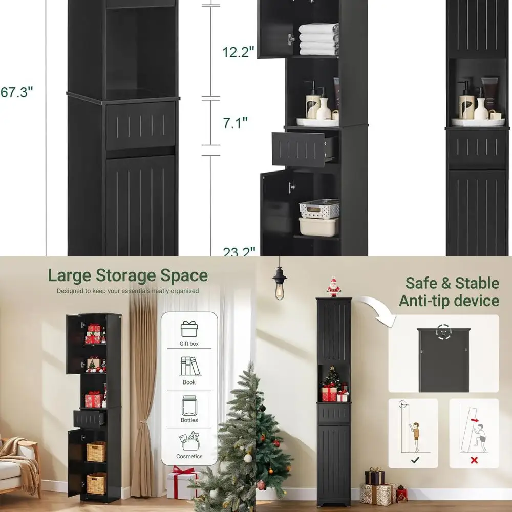 

Space-Saving Slimline Black Tall Bathroom Cabinet with Adjustable Shelves - BZR109-SCH