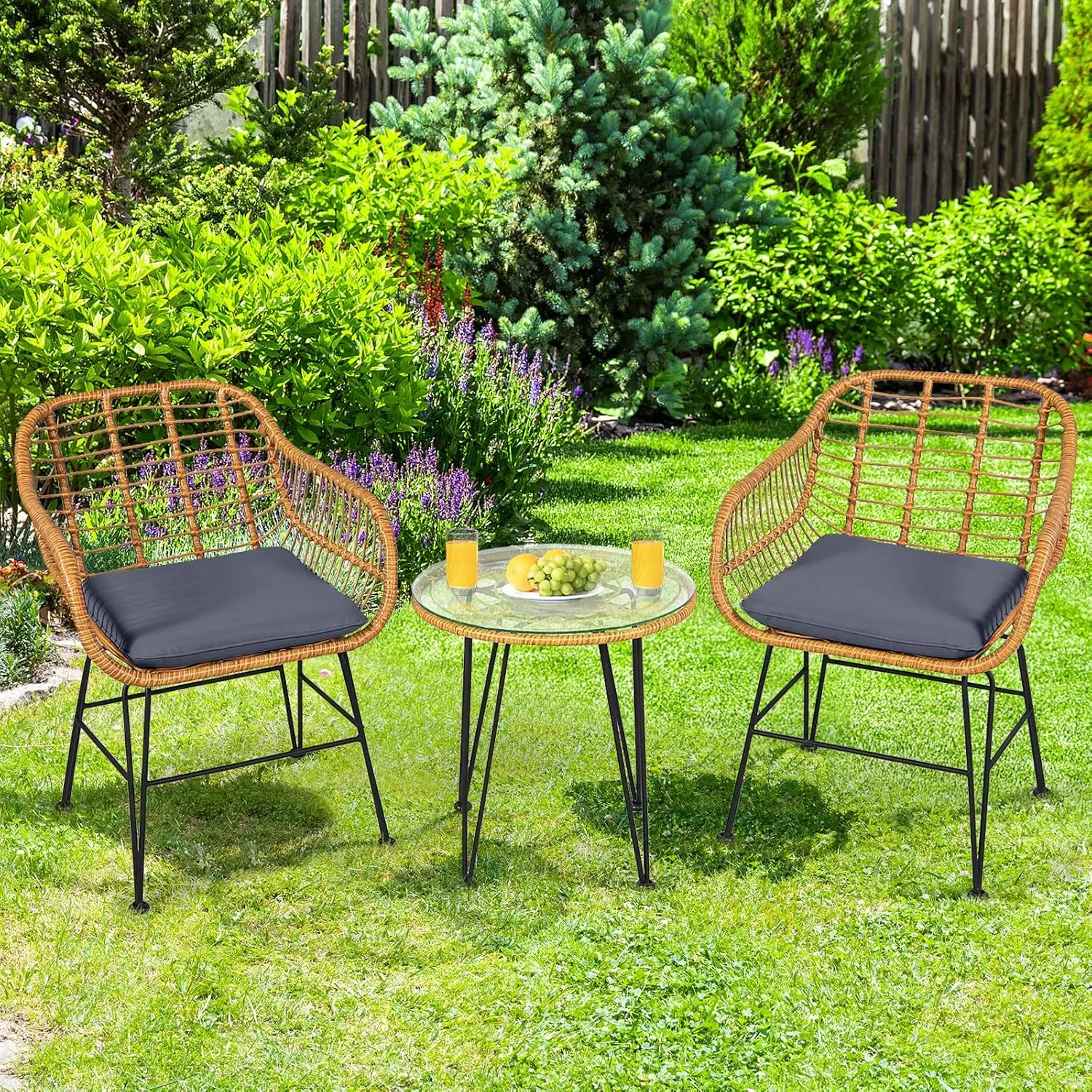 Ensemble de meubles de bistrot en rotin avec cadre en acier, table basse ronde, coussins souples, 3 pièces