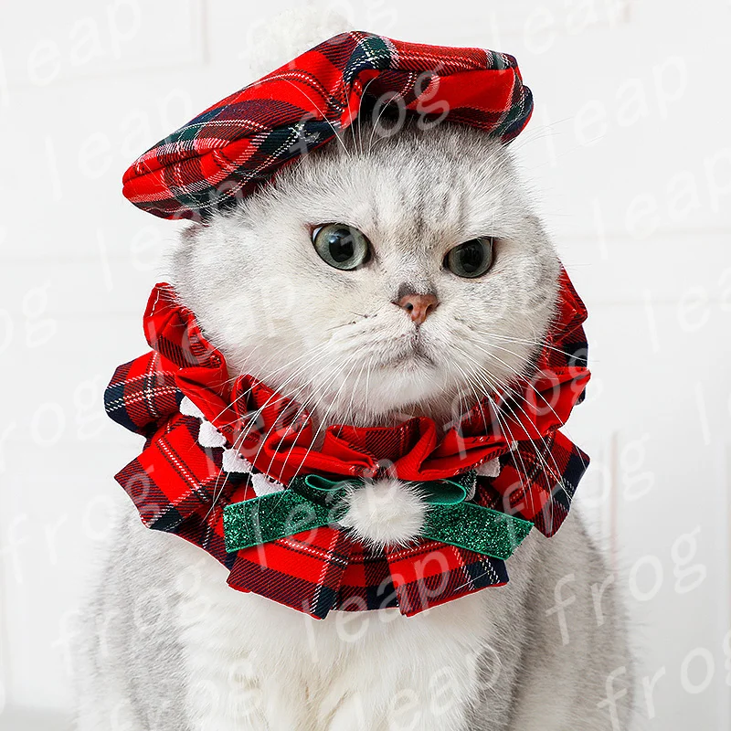 Cat Christmas Hat Collar Bib Dog Ornaments Clothes Knitting Dress Up Pet Santa Hat Scarf Collar