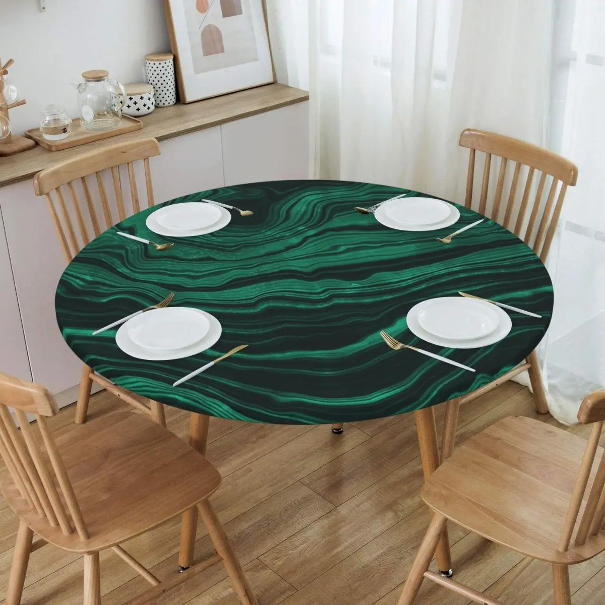 Faux Malachite Green Marble With Light Veins Waterproof Round Tablecloth Oilproof Table Cloth Kitchen Events Dining Table Cover