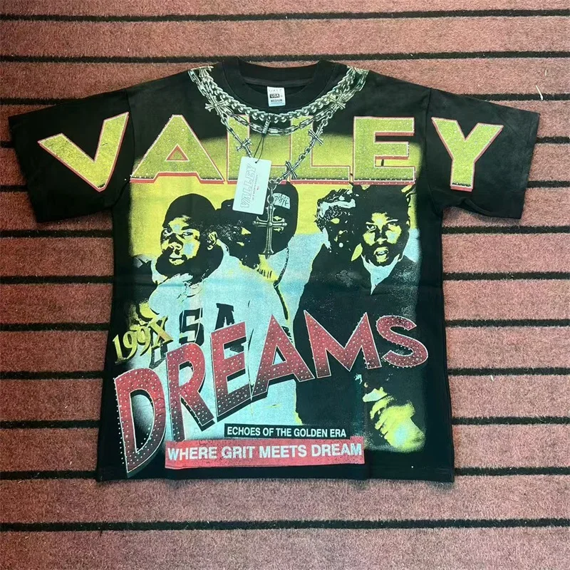 

Hot Drill Letter VALLEY Hip Hop Short Sleeves Men Women 1:1 Best Quality Pure Cotton Black People Print Vale Oversized T Shirt