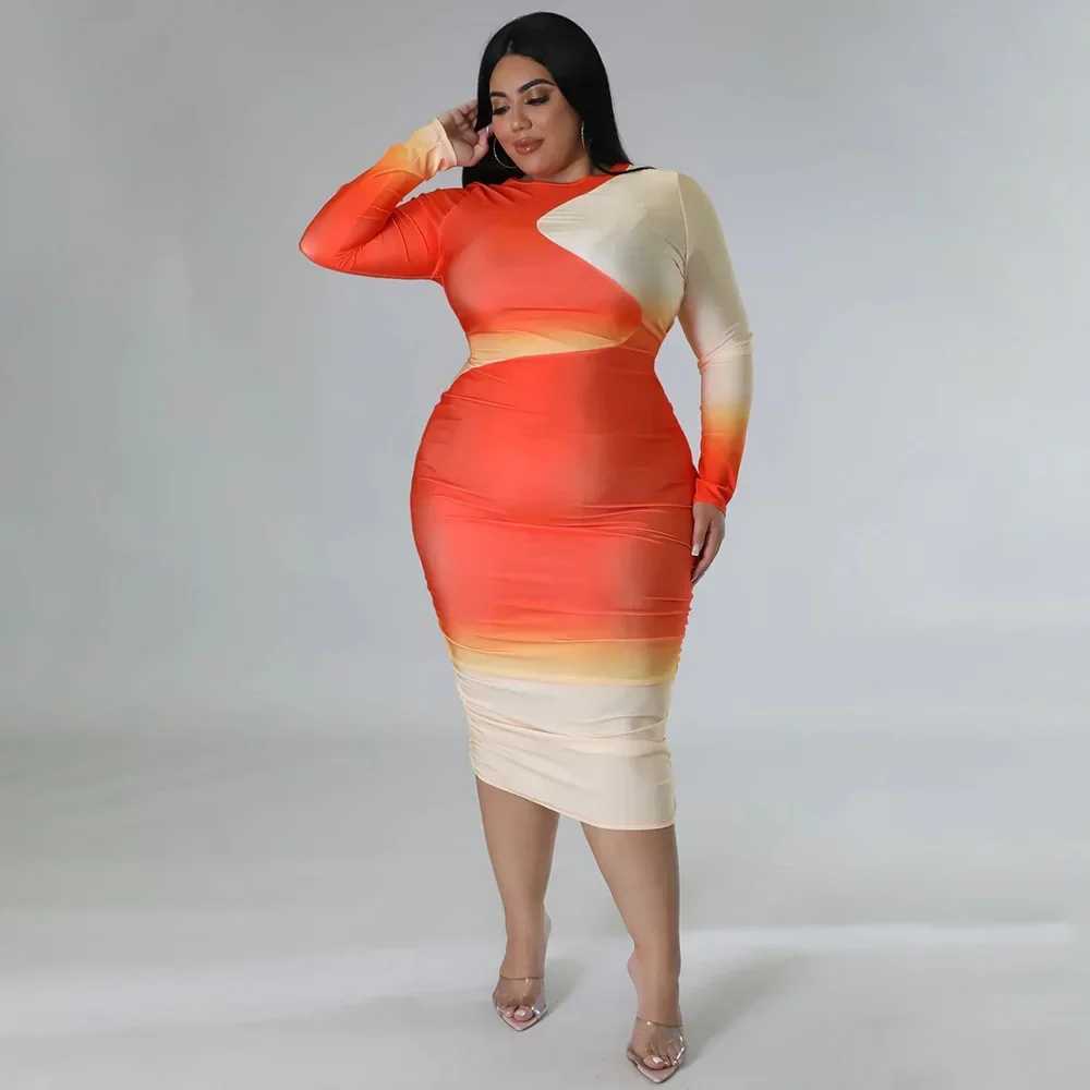 KEXU Stampa sfumata Elegante Plus Size Donna O-Collo Manica lunga Aderente Vestito dalla fasciatura 2024 Primavera Skinny Abiti da festa Abiti