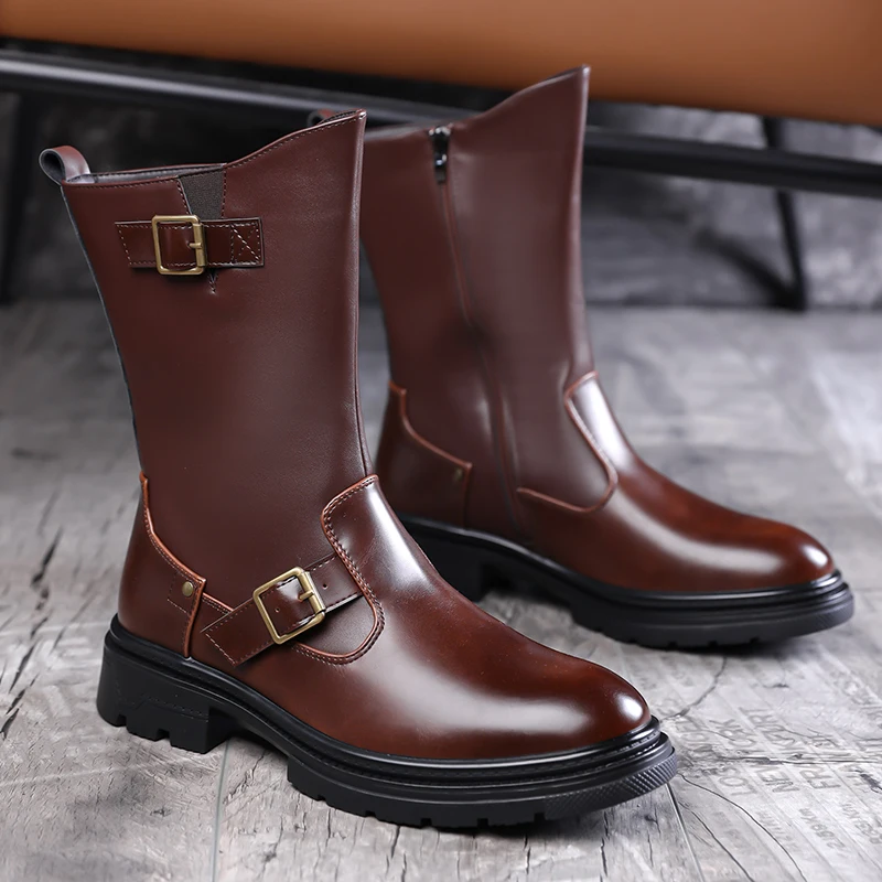 men's casual party stage high motorcycle boots black brown genuine leather shoes cowboy platform boot long knight botas hombre