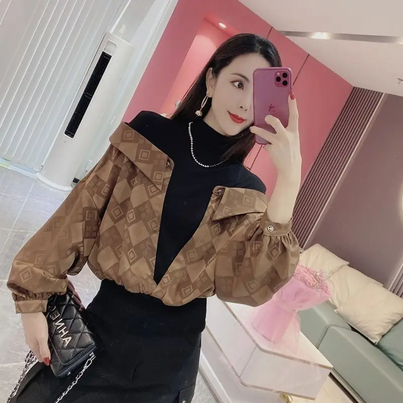 Vintage Blouse Women Turtleneck Blouse Patchwork Shirts Korean Chic Long Sleeve Pullover Spring Autumn Ladies Tops Coats New