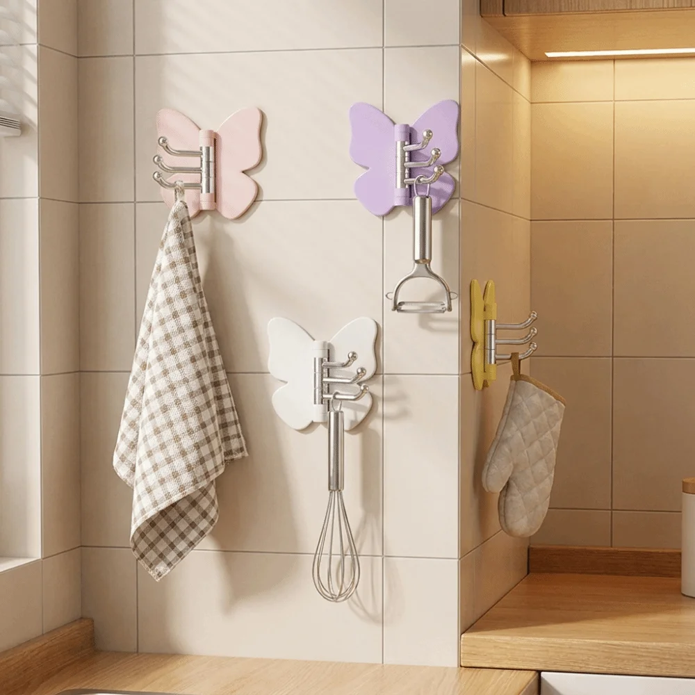 4PCS Plastic Rotating Butterfly Wall Hooks Self Adhesive Wall Mounted Butterfly Storage Hanger Decorative Space Saving