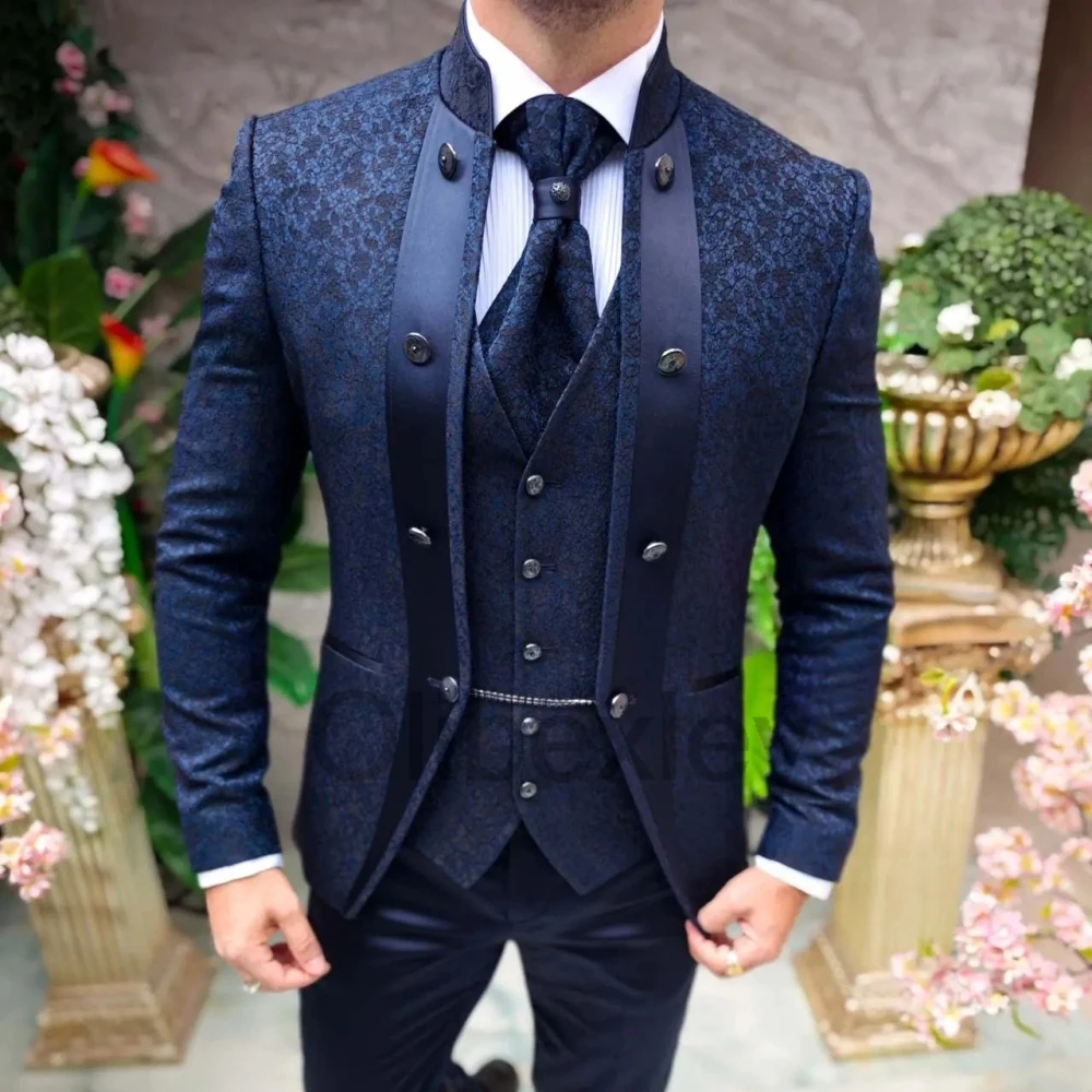 Olibexley Navy Blue Jacquard Wedding Suits For Men Tuxedo 3 Pieces Male Groom Prom Blazers Costume Homme Marrige Customized S363