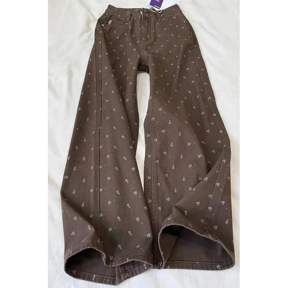 

Floral Print Coffee Denim Pants for Women American Style High Waist Straight Loose Wide Leg Jeans Vintage Y2K Casual Trousers