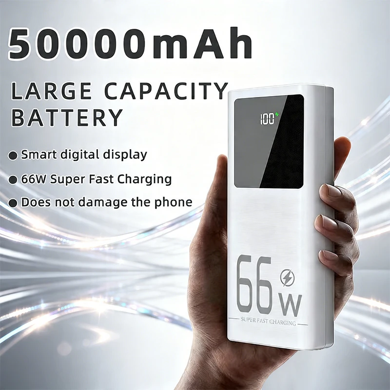 50000mAh Hochleistungs-Powerbank, 66W Schnellladegerät, Tragbares Ladegerät für iOS & Android, 3-Geräte-Mehrfachladefunktion, LED-Taschenlampe, Externer Akku für Camping, Reisen und Notfälle