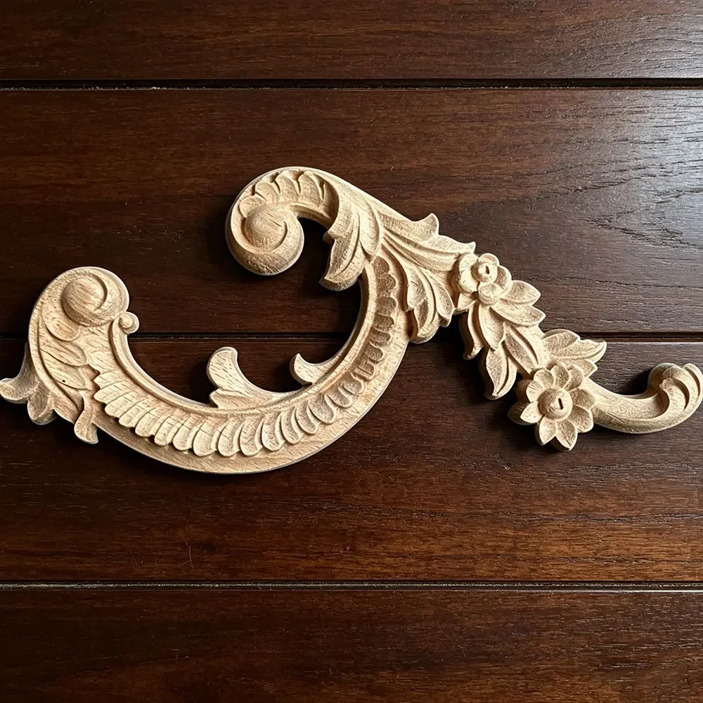 2PCS 25cm Wooden Carved Appliques Onlay Carvings Decal for Headboard Door Bed Wall Cabinet Dresser Furniture Decor Crafts