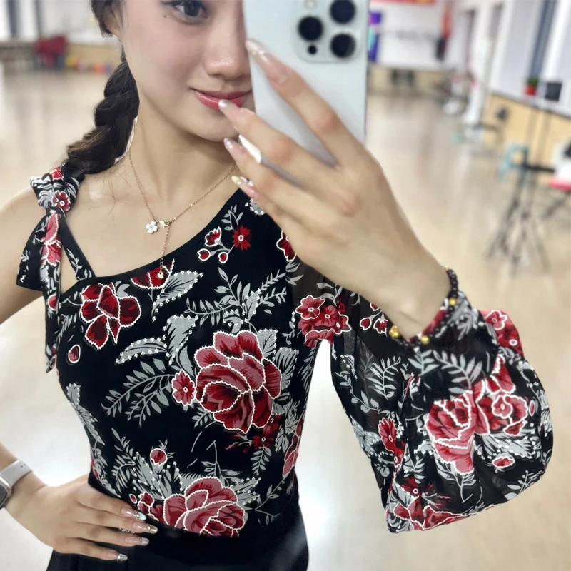 قطع علوية للرقص اللاتيني مطبوعة بالزهور ملابس رقص نسائية بأكمام طويلة ملابس رقص للكبار ملابس ممارسة الرقص اللاتينية DNV25285