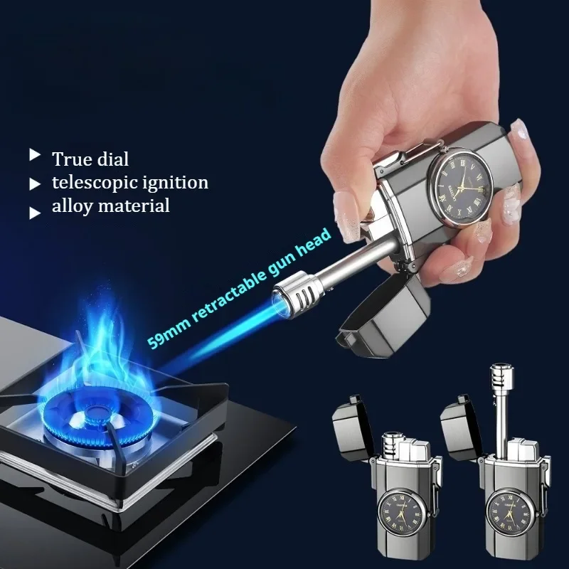Creative extended and retractable windproof lighter with quartz watch, direct impact anti scalding blue flame metal lighter