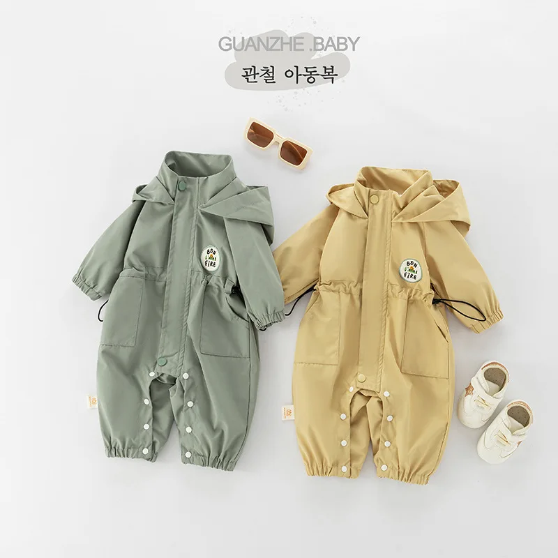 0-2 Years Autumn Newborn Boys Hooded Bodysuit Zipper Cargo Stormwear Wind Waist Cinching Baby Boys Romper Infant Boys Jumpsuit