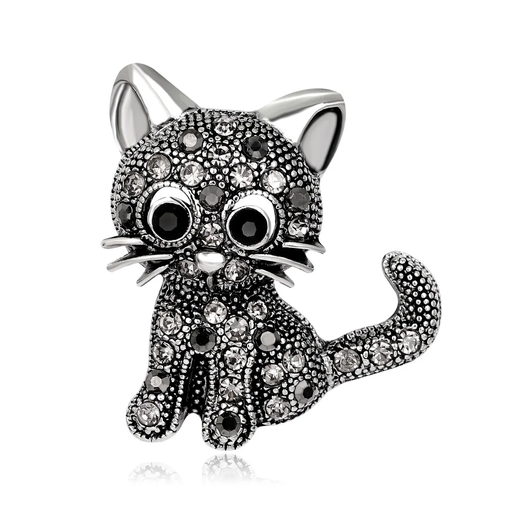 Vintage Cute Little Cat Full Rhinestone Brooches Men Women Silver Color Animal Party Casual Pins Clips Jewelry Accessories