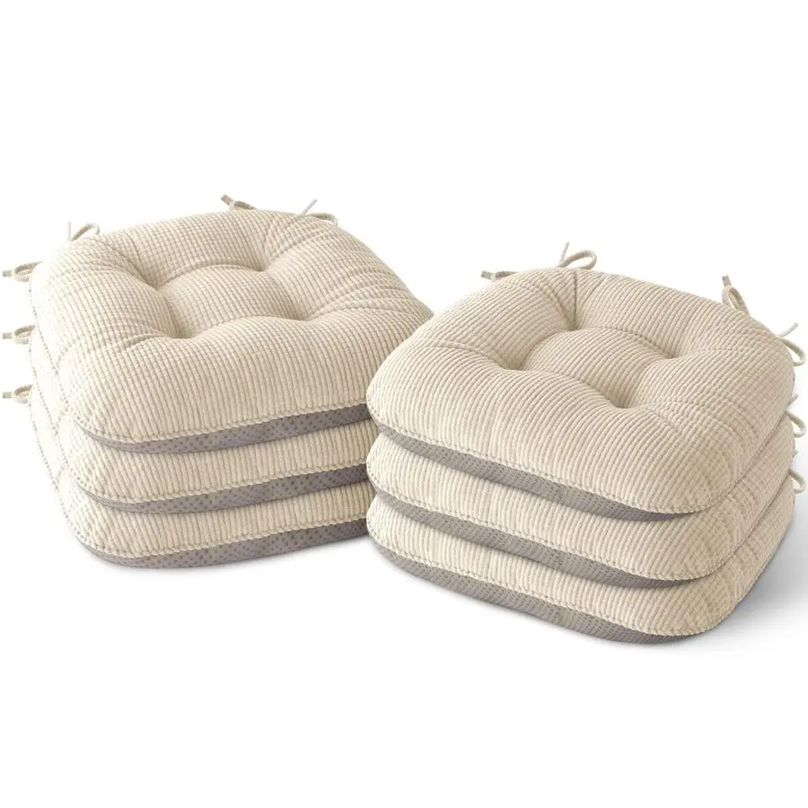 

Комплект из 6 подушек для обеденных стульев, подушки для кухонных стульев с завязками, стеганые подушки для сидений с противоскользящей основой, 17X16X3, кремовый цвет