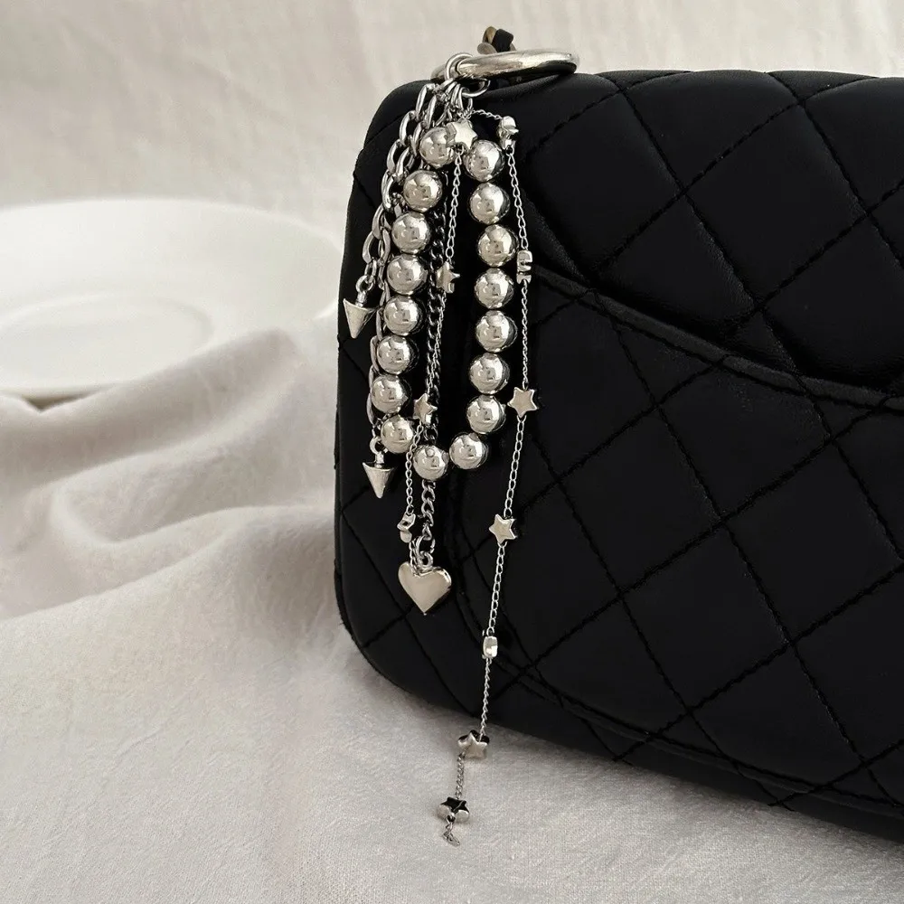 Gifts Metal Pearl Beadeds Keychain Star Rivet Tassel Chain Bag Pendant Silver Imitation Pearl Peach Heart Key Ring Women
