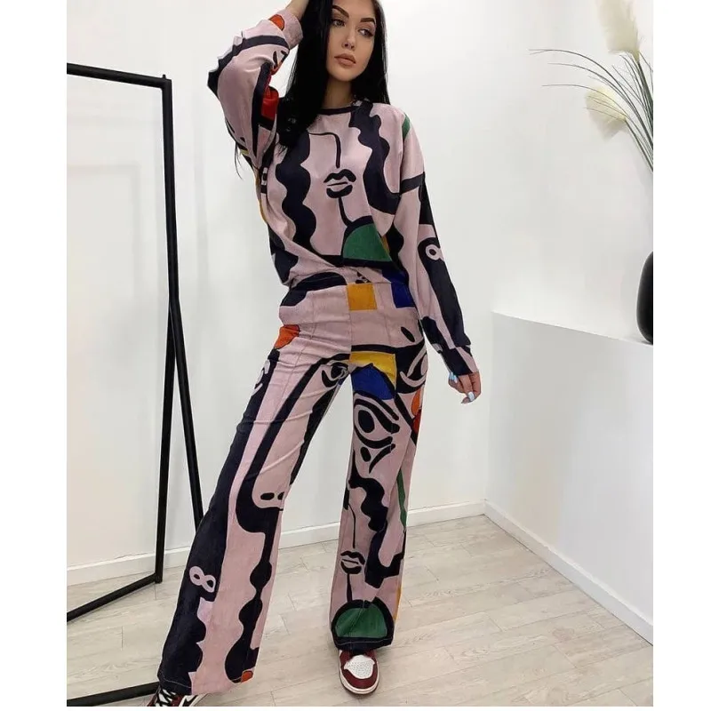 Moda graffiti impressão t camisa calças compridas conjunto feminino primavera outono novo esporte solto em linha reta através de calças compridas feminino 2 peça conjunto
