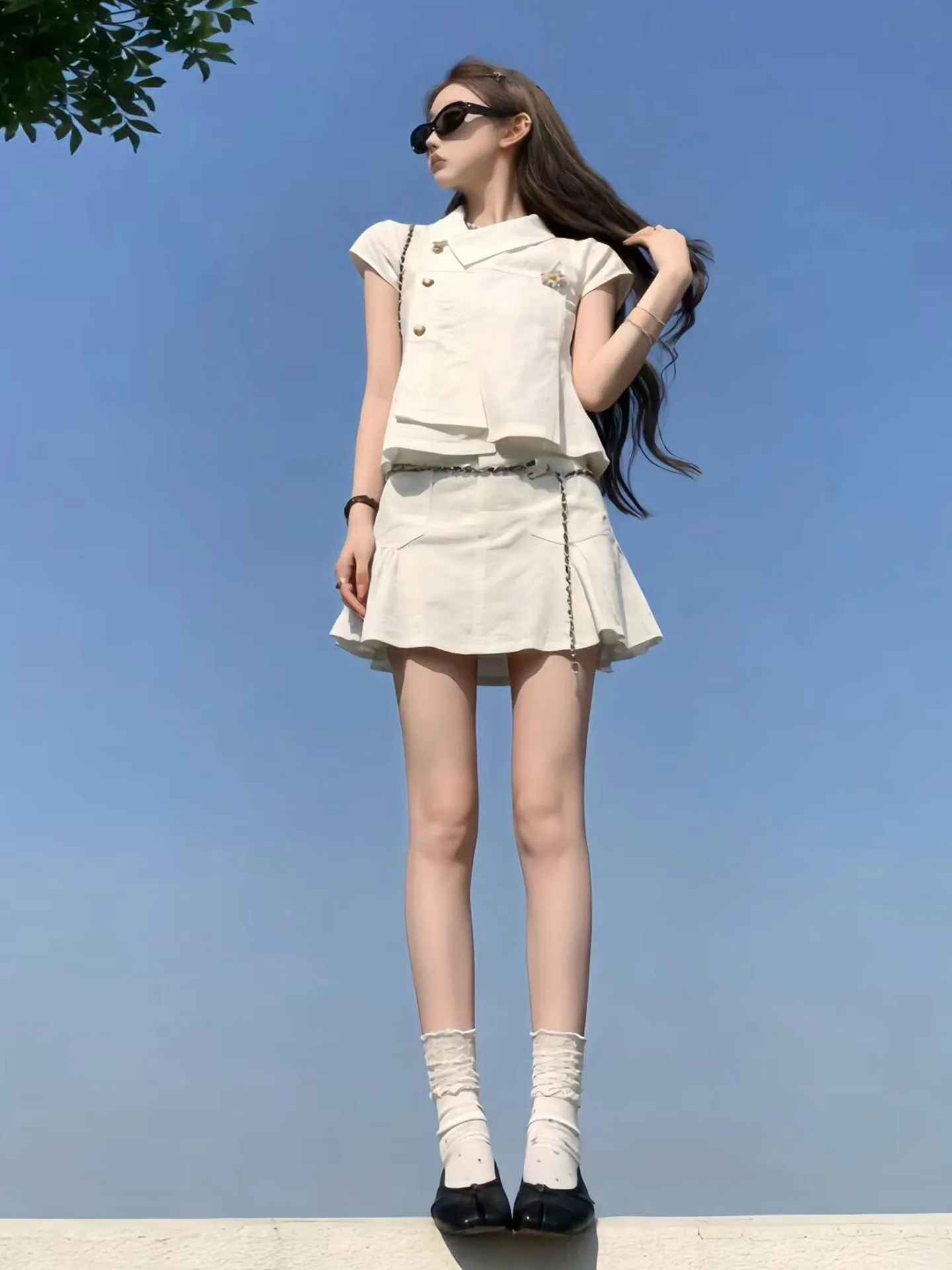 

Summer Miu Style White College Fashion Set Women's 2026 New Small Size Matching Skirt And Top One Whole Set Short Sleeve