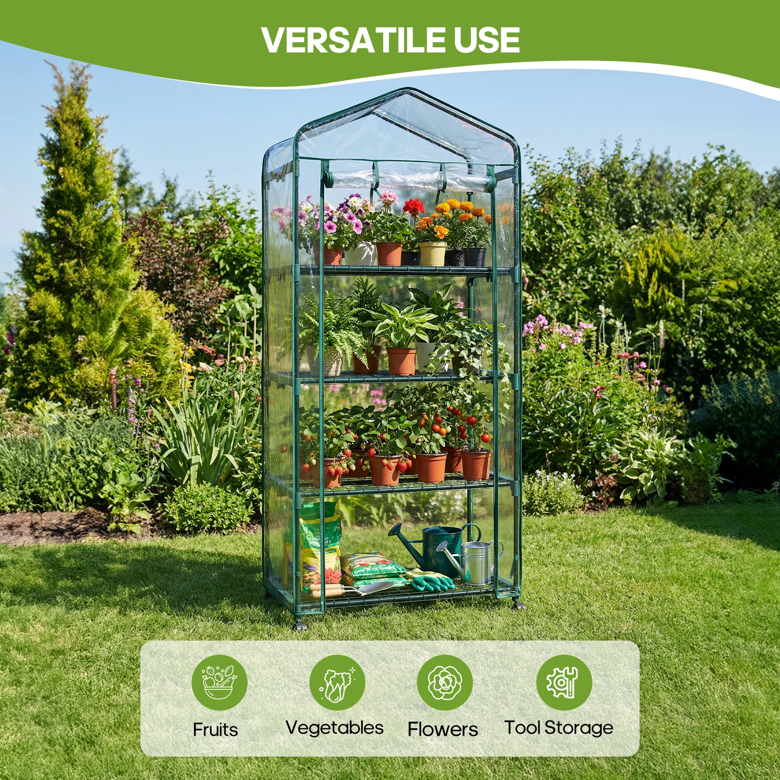 greenhouse shelves with plants