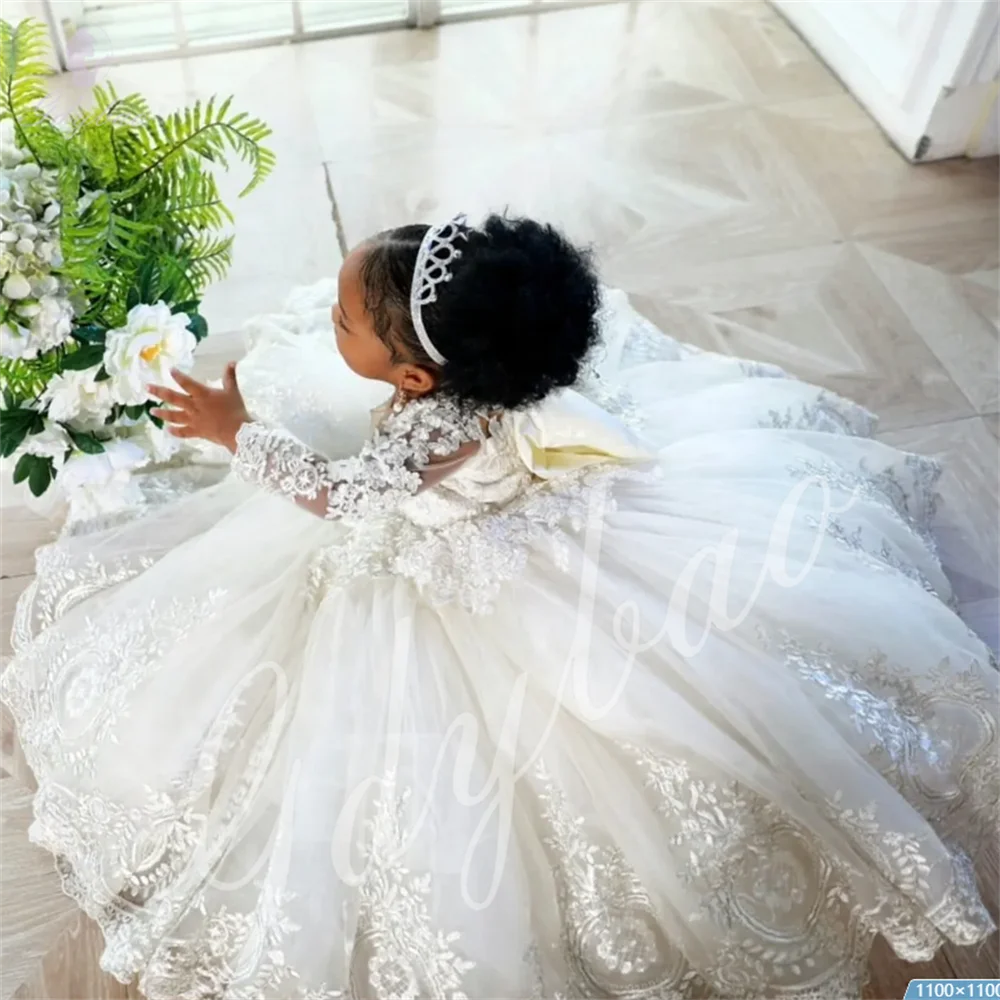 Little Kids Birthday Party Lvory Flower Girl Dresses for Bride Jewel Long Sleeves Appliqued Beaded Lace Tiered Tulle