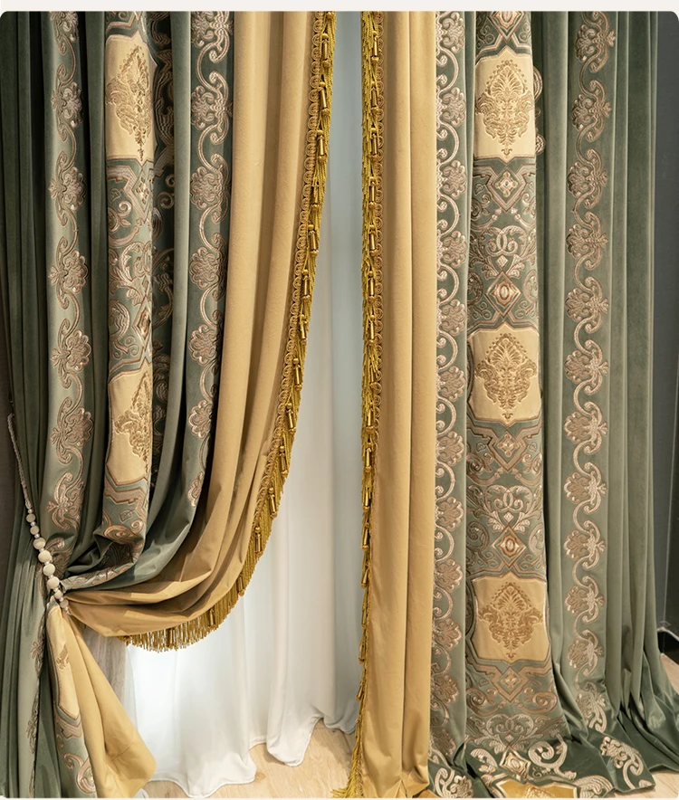 Custom curtain European villa vintage green flannelette embroidery thick velvet cloth blackout curtain tulle drape C1498