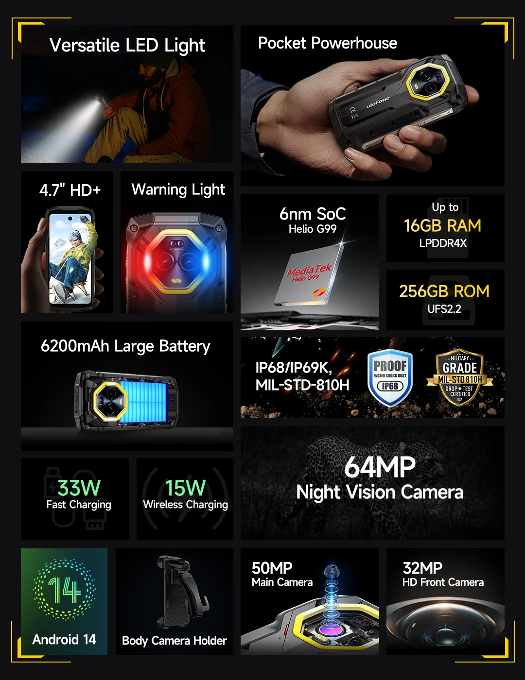 Ulefone Armor Mini 20 4G 4.7" Rugged Phone 64MP Night Camera Android 14 Smartphone 6200mAh Mobile Phone NFC 16GB+256GB 33W G99