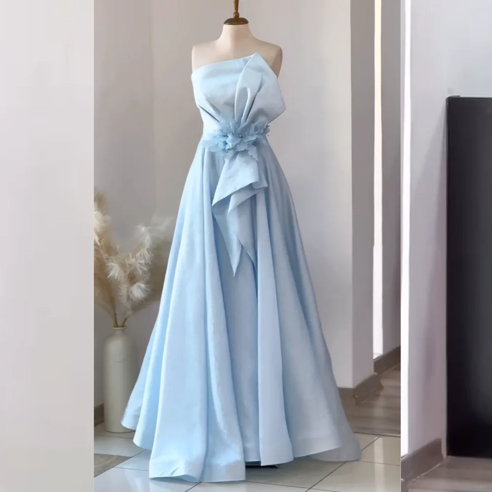 

Customized Elegant Pleat Draped Handmade Flower Beading Draped A-line Strapless Long Dresses Bespoke Occasion Dresses Exquisite