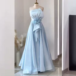 Customized Elegant Pleat Draped Handmade Flower Beading Draped A-line Strapless Long Dresses Bespoke Occasion Dresses Exquisite