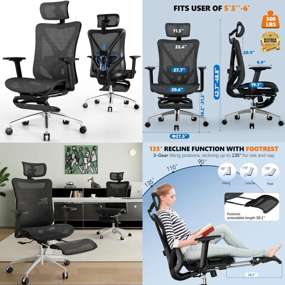 

Ergonomic Office Chair with Footrest, 135° Recline, Adjustable Lumbar Support, 3D Armrests, Headrest and Lumbar Pillow