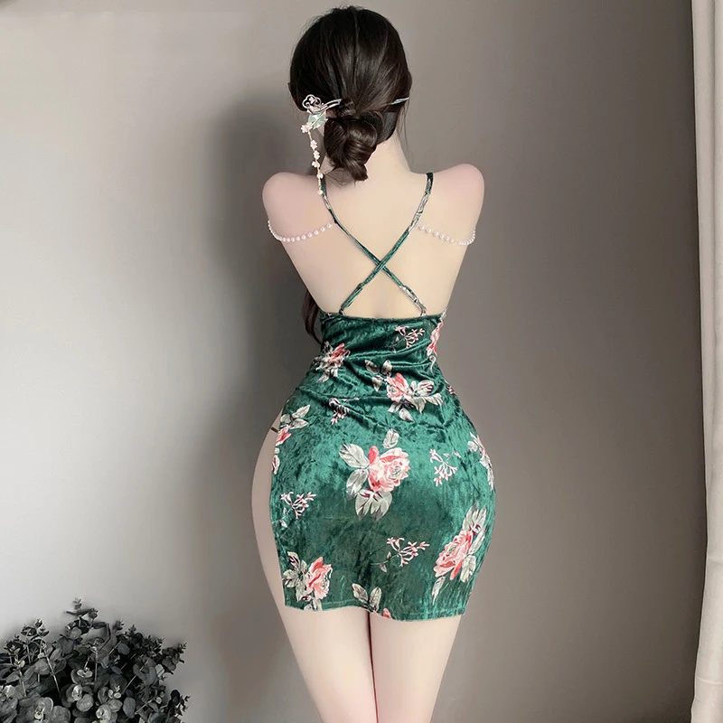 Sexy Green Velvet Cheongsam Retro Chinese Pearl Dress Floral Pajamas For Woman Lingerie Temptation Cosplay Halloween Costumes