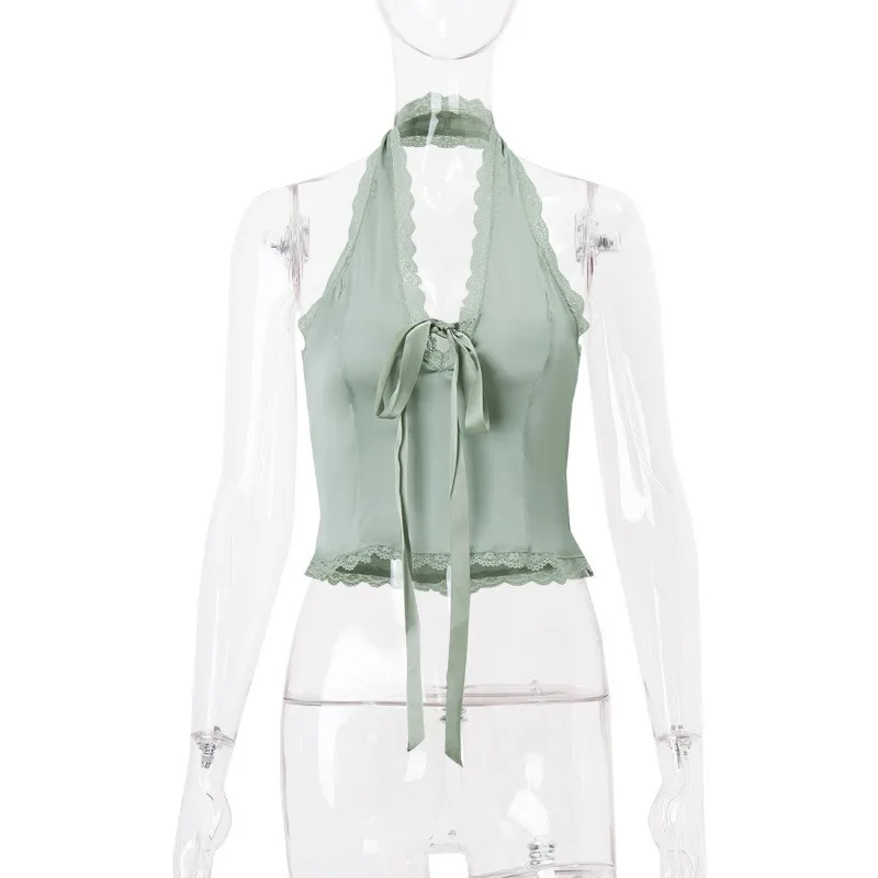 女性のセクシーなレースのホルターキャミソール Y2K 夏新弓プリーツ背中の開いた V ネックスリムフィットベスト美的カジュアルクロップトップス女性服
