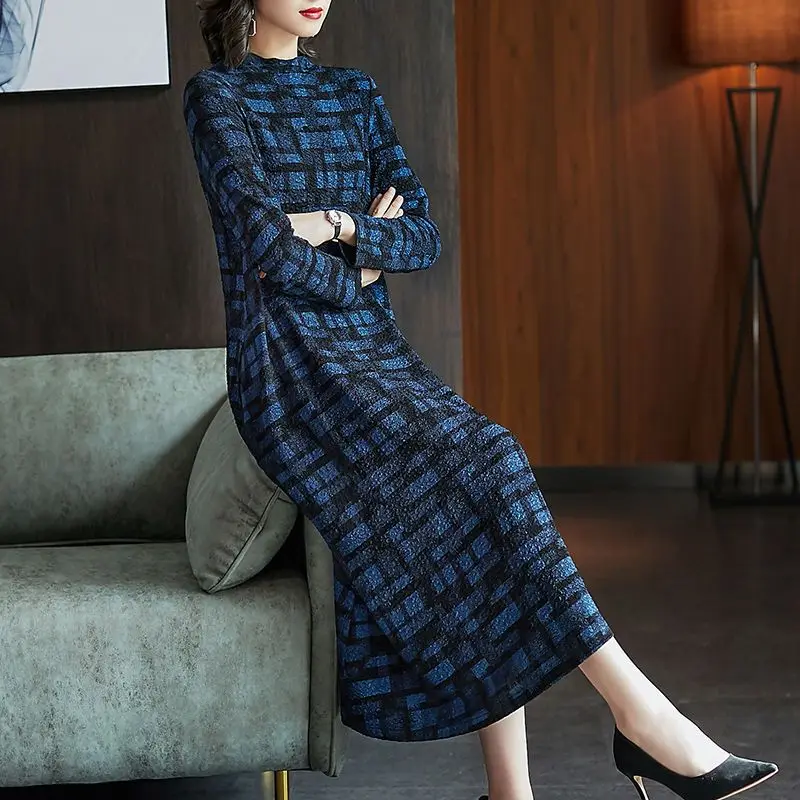 Spring Autumn Fashion Plaid Printed Midi Dress Long Sleeve Women\'s Clothing Half High Collar Casual Loose A-Line Waist Dresses