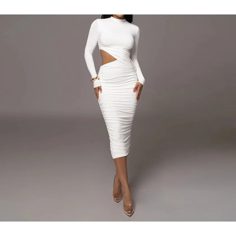 캐주얼 여성 드레스 패션 섹시 솔리드 스트리트웨어 O넥 긴팔 홀로우 아웃 시스 롱 엘레강트 바디콘 베스티도스 로브 여성용