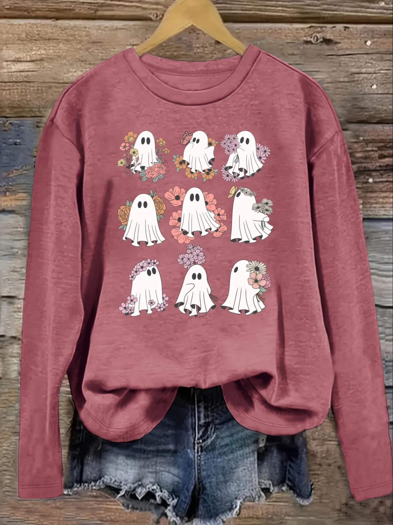 Women's Casual Long Sleeve Crew Neck T-Shirt Floral Ghosts Pattern Print Design Design, Round Neck Women's Clothing, Machine Washable, Slightly Elastic, Loose Fit, Spring Autumn Winter Women's T-Shirt, Halloween Costume Outfit view 3