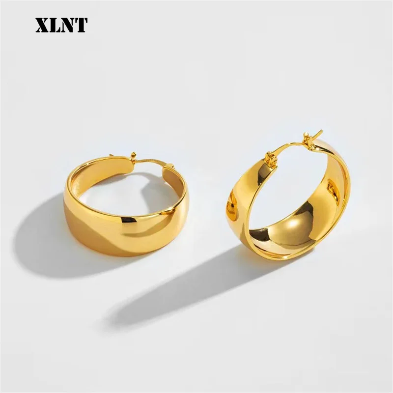 XLNT 2022 Hollow Light Gold Plated Chunky Hopp Earrings For Woman Minimalist 23mm Stainless Steel Earrings Jewelry For Party