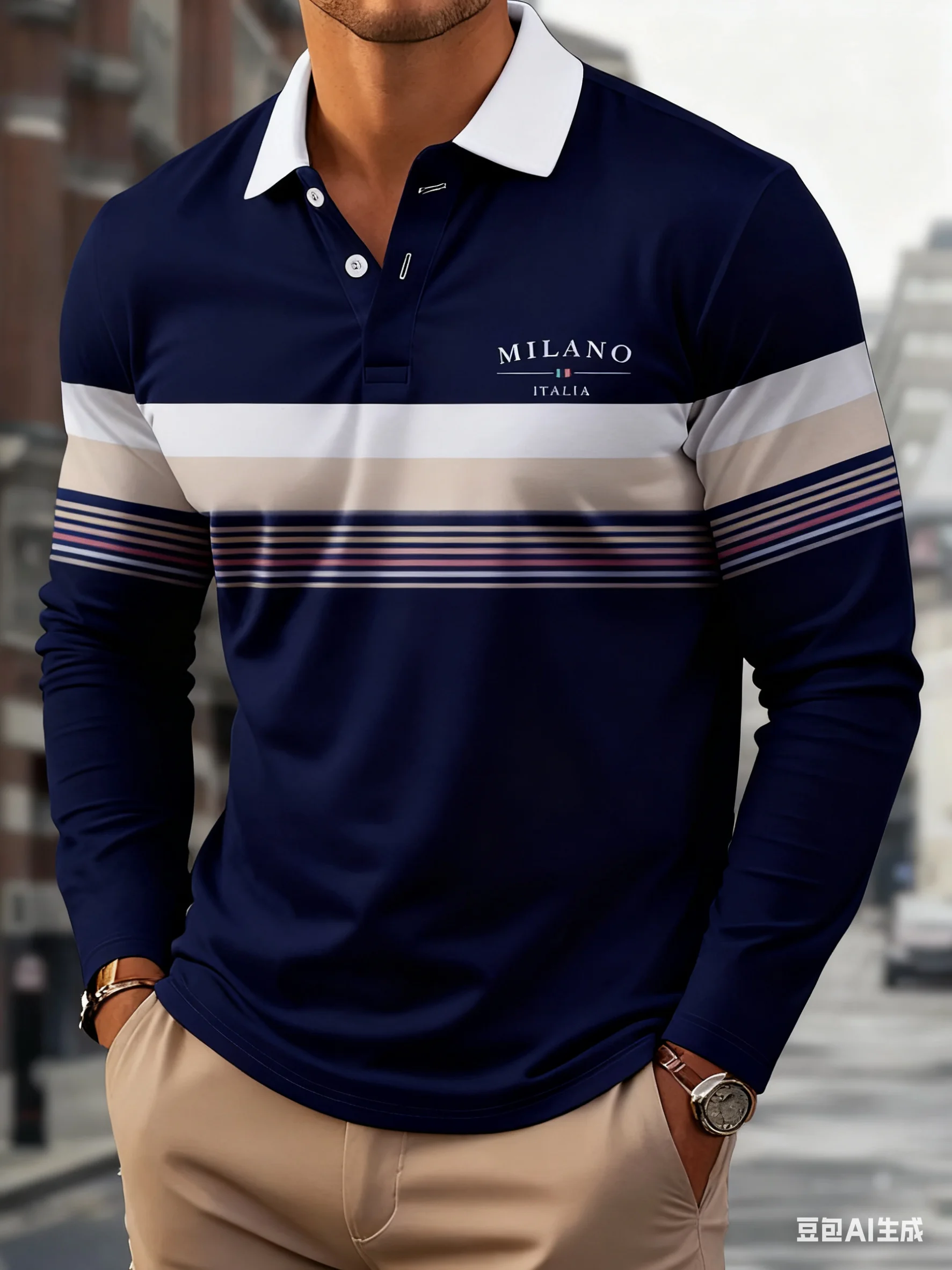 

Men's minimalist striped Italian letter print long sleeved polo shirt fashion spring and autumn outdoor golf casual Men clothing