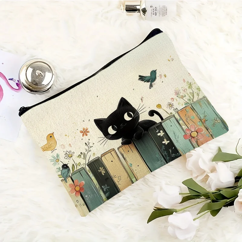 

A Garden Cat Chasing Bird Makeup Bag - Cute Multi-functional Zipper Pouch for Women, Jewelry Storage Bag